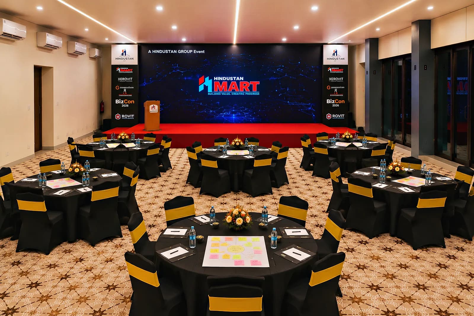Round-table cluster seating set for a business event in the HiBizz hall, Colvale, Goa